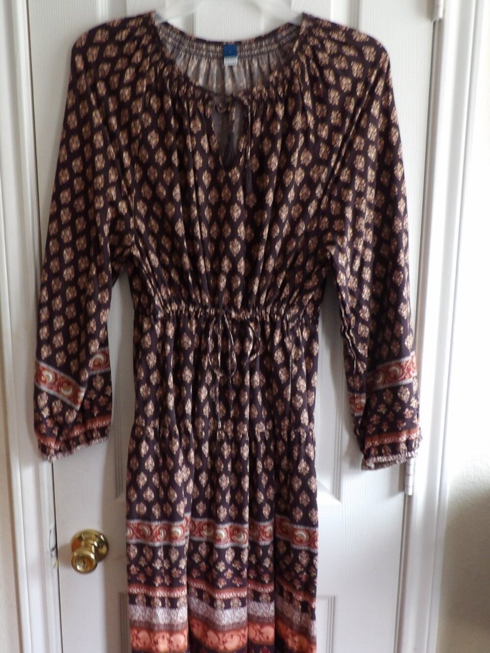 Old Navy- Sinch Waist Dress- Deep Rich Browns with Golden Flower Print